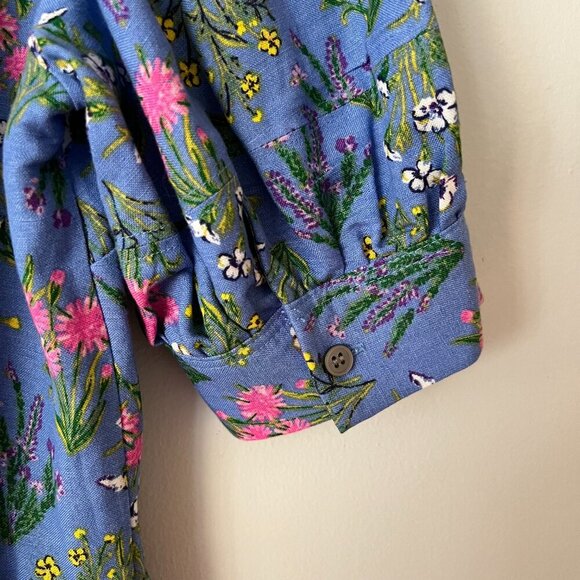LOFT Blue Floral U-Neck Puff Sleeve Linen Blend Dress Women's Size 4 - Picture 11 of 12